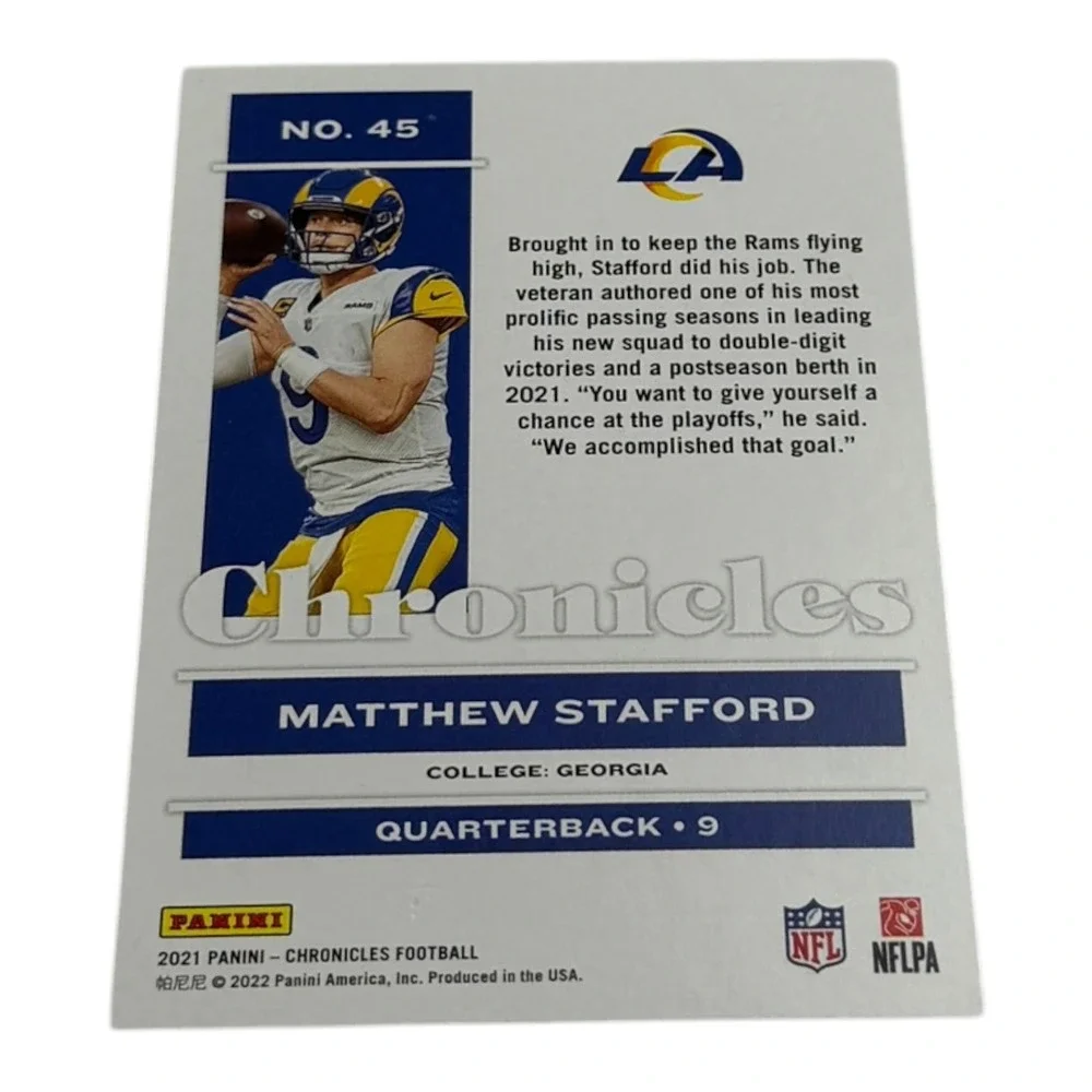 2021 Panini Chronicles‎ Football Matthew Stafford Los Angeles Rams No 45 Card